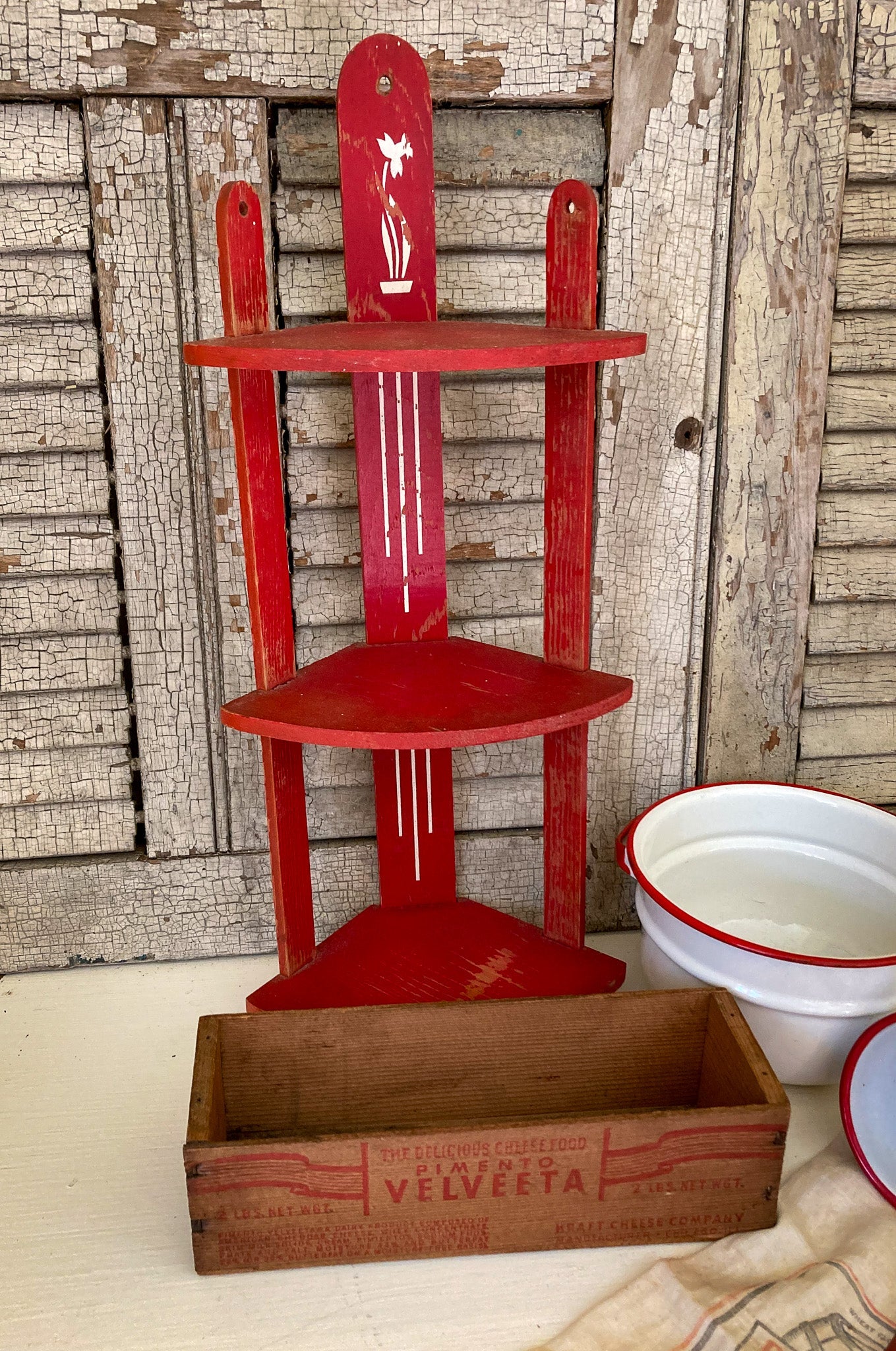 1940’s -1950’s Red Corner Shelf and Velveeta Cheese Box