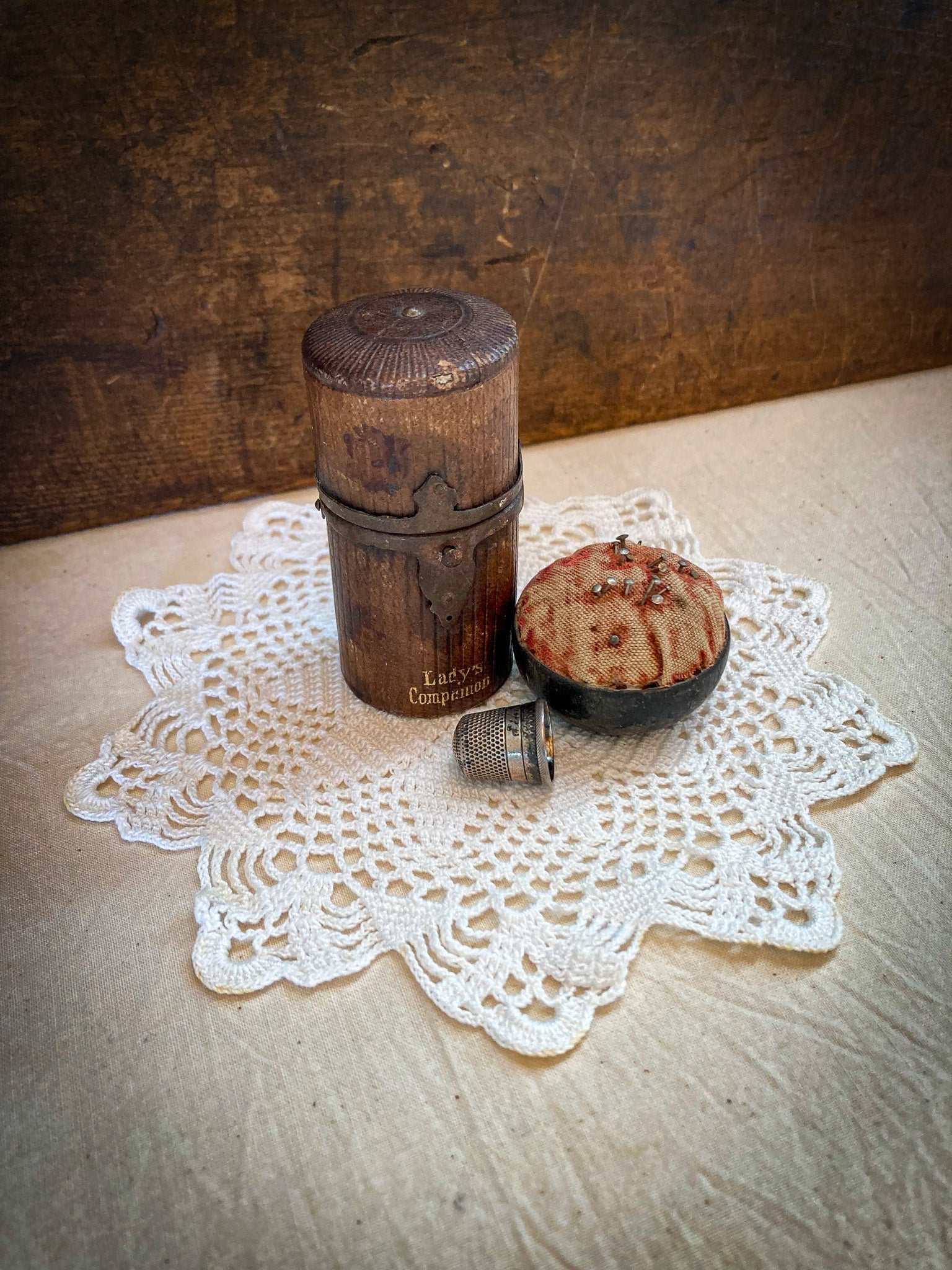 Mid 1800’s Lady’s Companion Sewing Etui and Tiny Wood and Velvet Pin Cushion