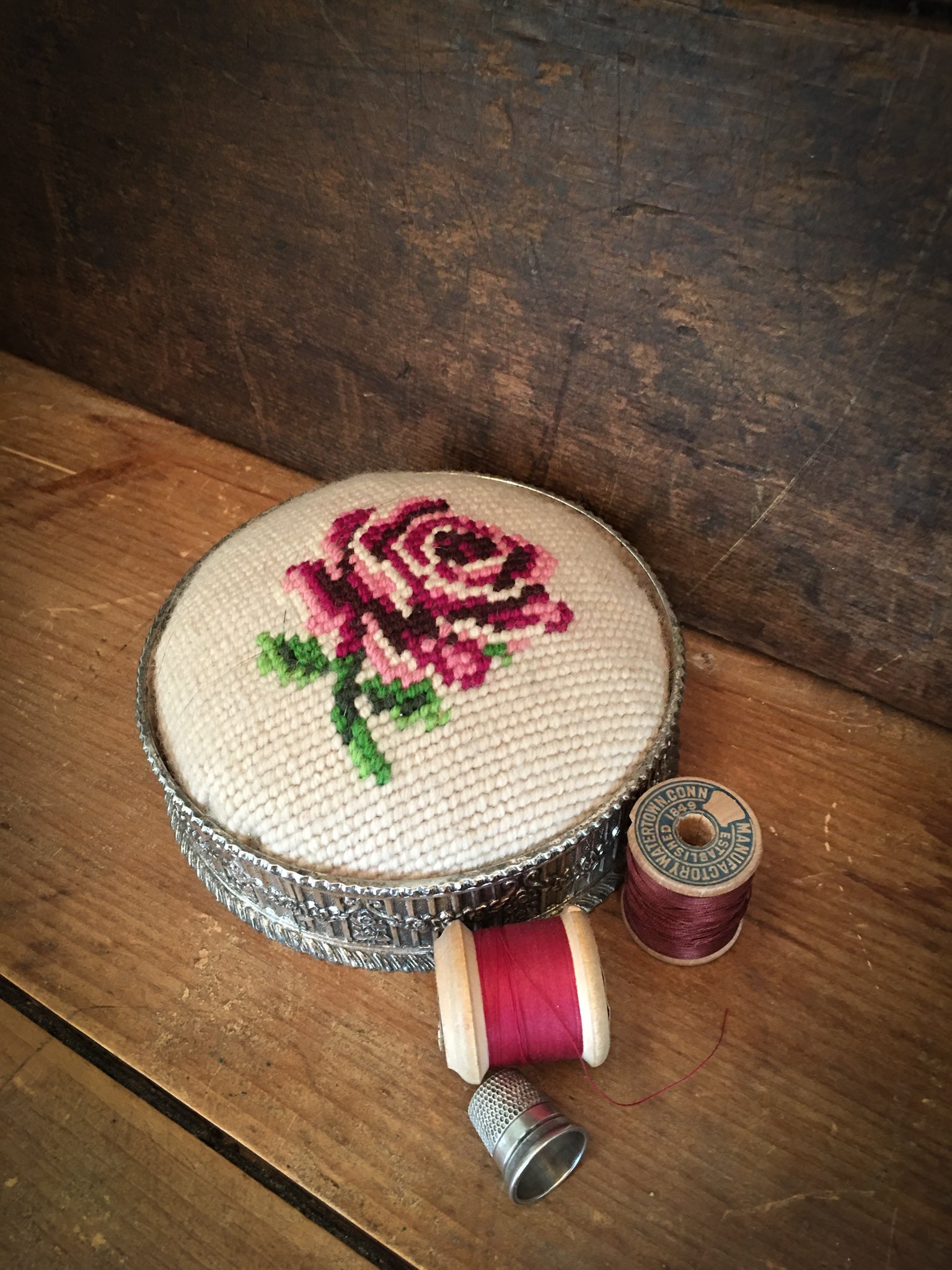 Vintage Needlework Pin Cushion in Silverplate (?) Base