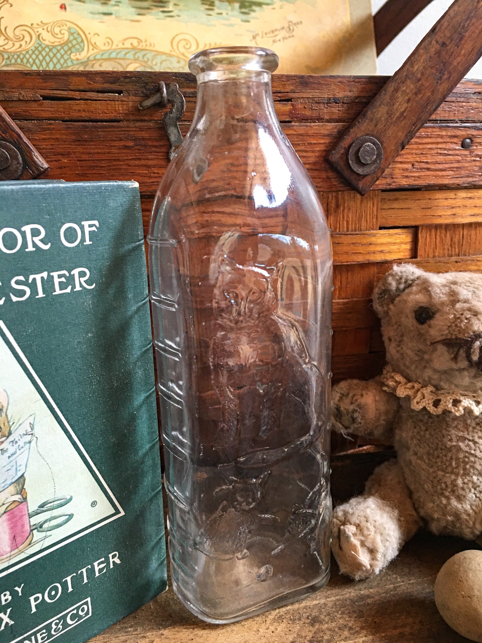 LeHay's Vintage, 1930’s Hazel Atlas Baby Bottle with Mama Cat and 2 Kittens