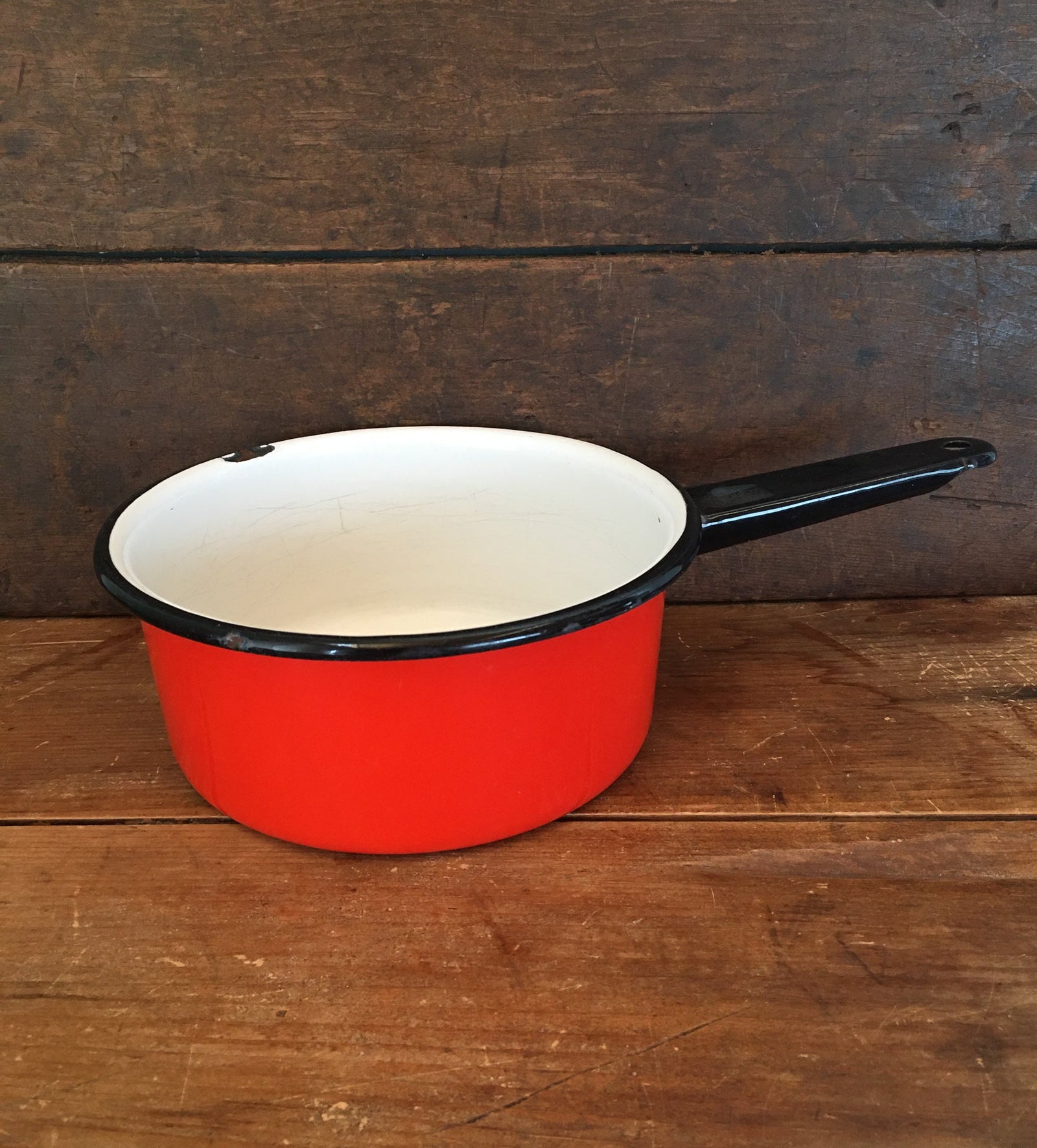 Mid Century Orange Enamel Cooking Pot