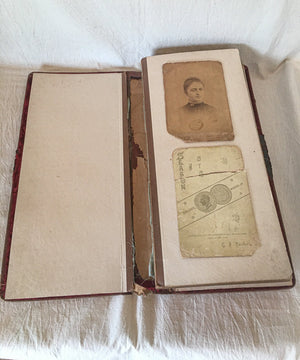 Victorian Photo Album with Red Velvet and Celluloid Decoration, Full of Photos