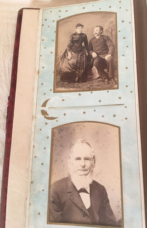 Victorian Photo Album with Red Velvet and Celluloid Decoration, Full of Photos