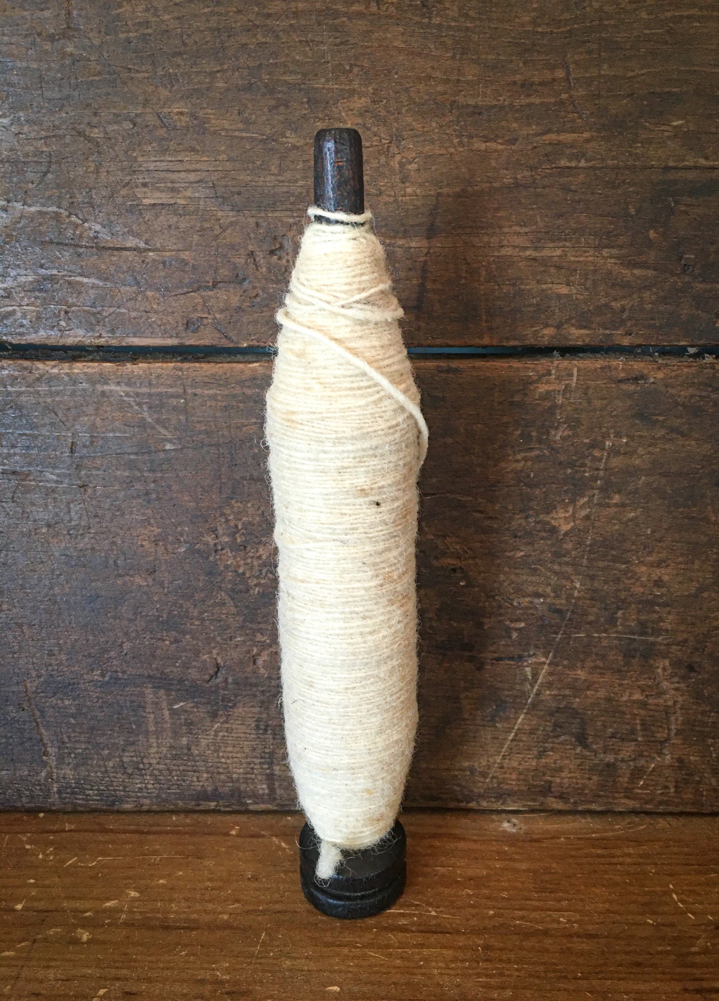 Antique Wooden Bobbin with Wool Yarn