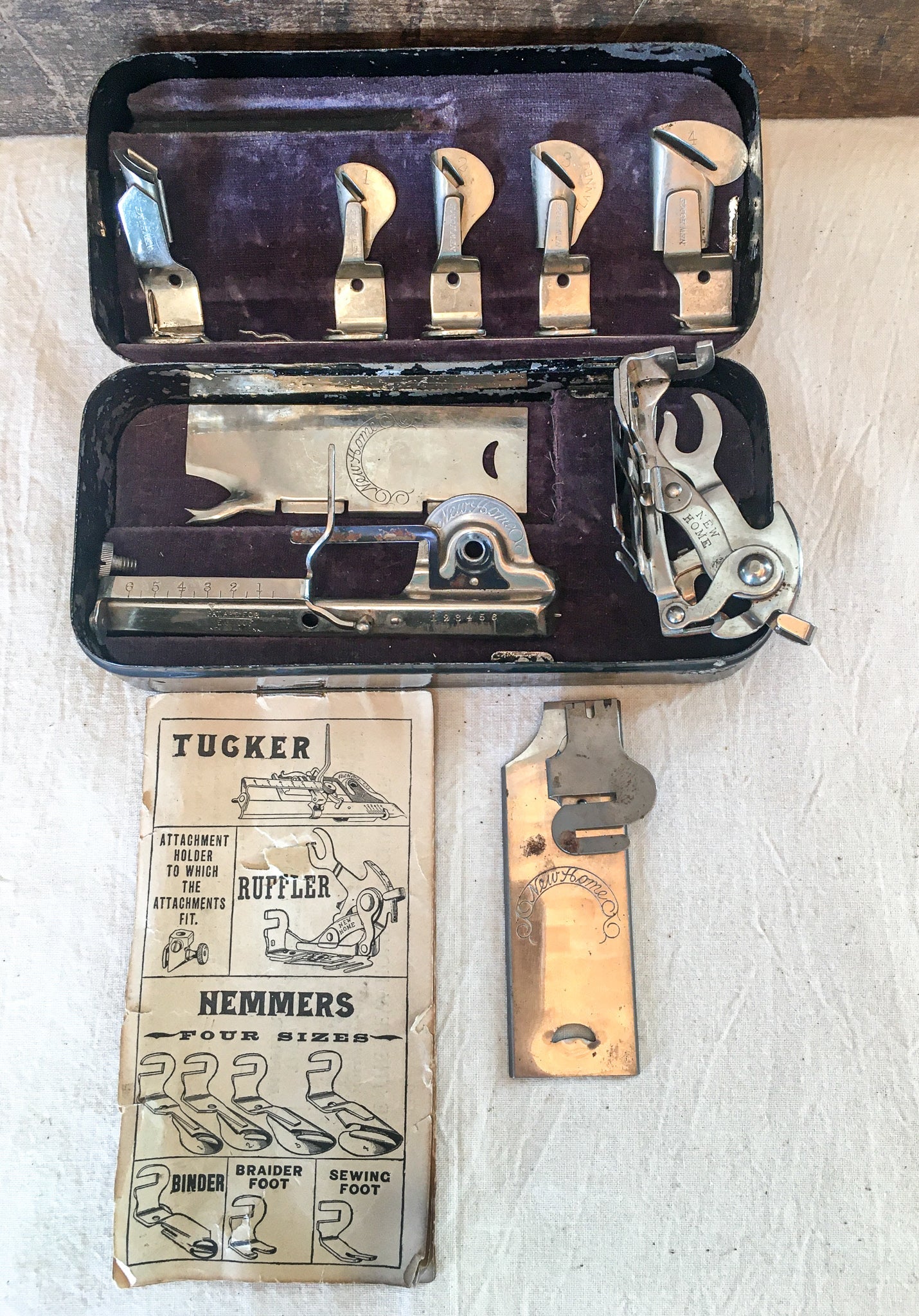 LeHay's Vintage Shop, 1920’s – 1930’s New Home Sewing Machine Parts Box Including Parts and Manual