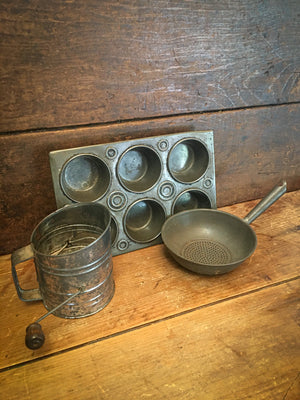 Kitchen Tins Bundle - 1940’s Small Muffin Tin, 1950’s Toy Flour Sifter, Vintage Small Sifter/Strainer