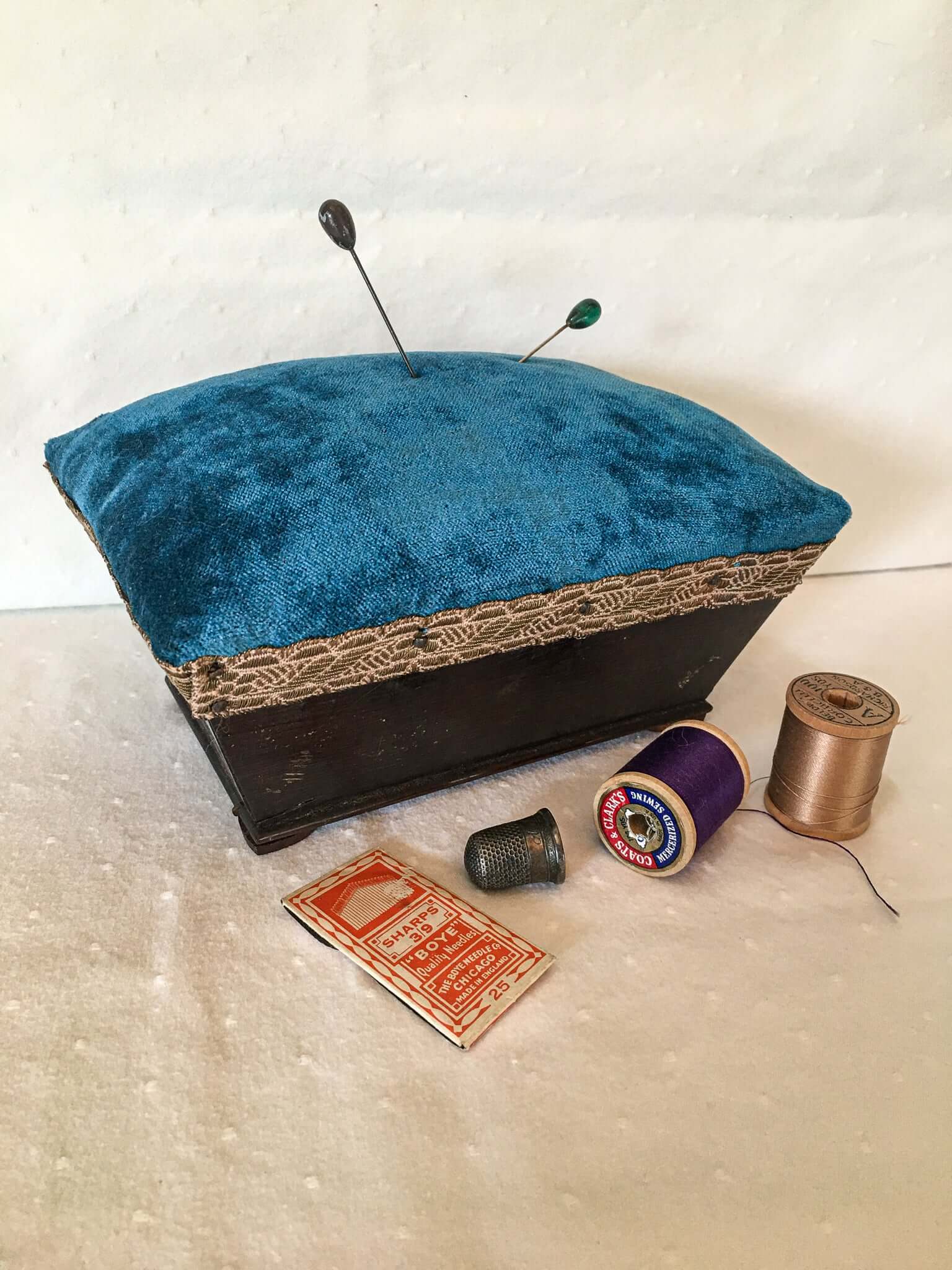 Antique Rosewood and Silk Velvet Pin Cushion, Hat Pin Cushion
