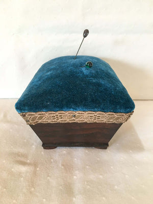 Antique Rosewood and Silk Velvet Pin Cushion, Hat Pin Cushion