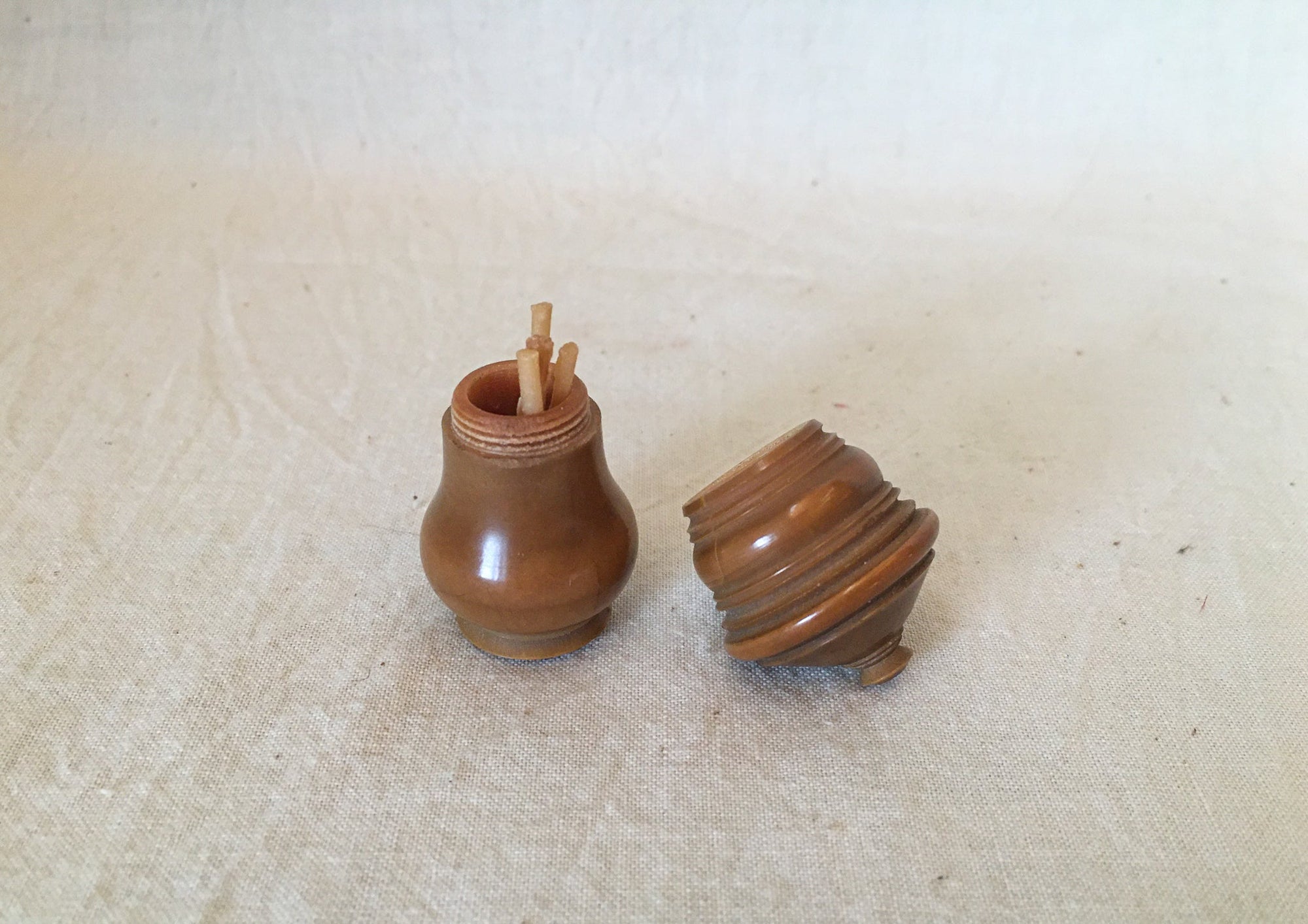 LeHay's Vintage Shop, 1800’s Carved Coquilla Nut Match Holder with Original Matches