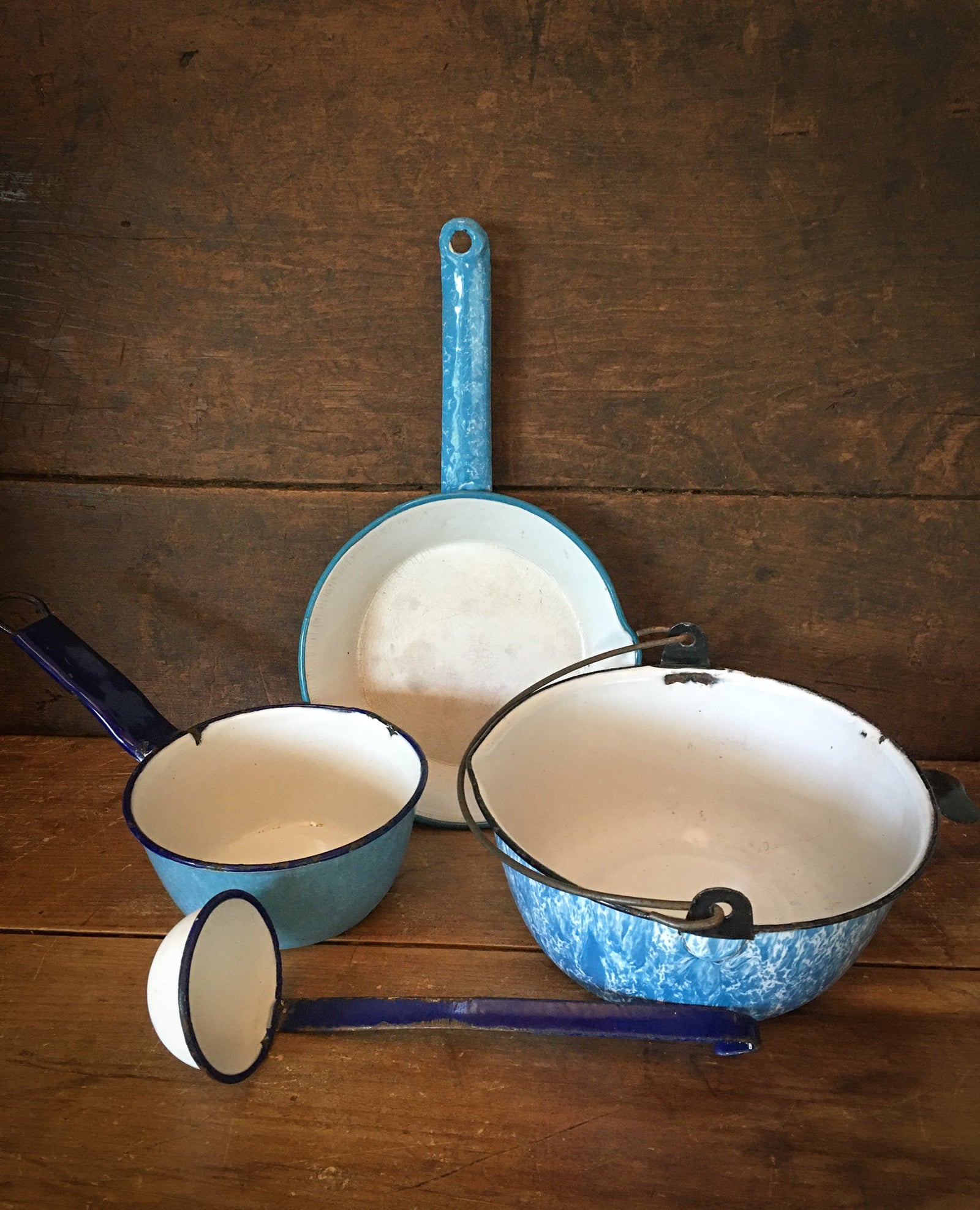 Depression Era Set of 4 Enamelware/Agateware, Small Frying Pan, Bowl with Bail Handle, Small Pot/Dipper and Ladle