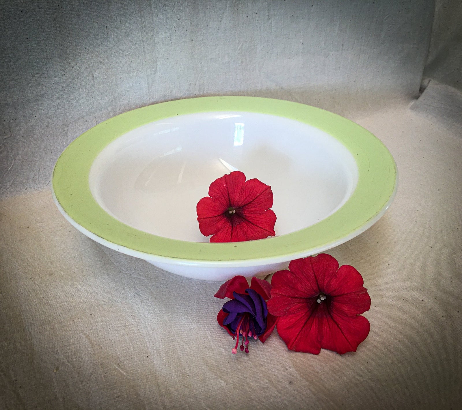 Mid Century Pyrex Serving Bowl, Milk Glass with Lime Green Rim
