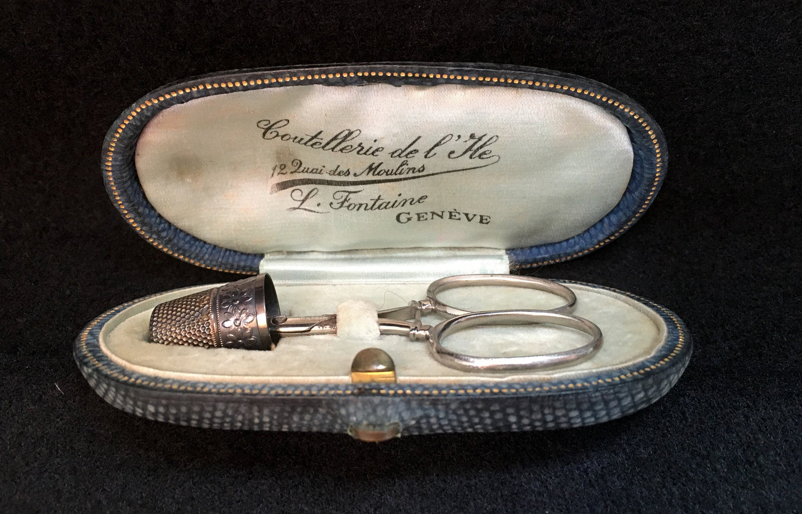 Swiss Thread Scissors and Thimble in a Geneva, Switzerland Leather Case