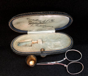 Swiss Thread Scissors and Thimble in a Geneva, Switzerland Leather Case