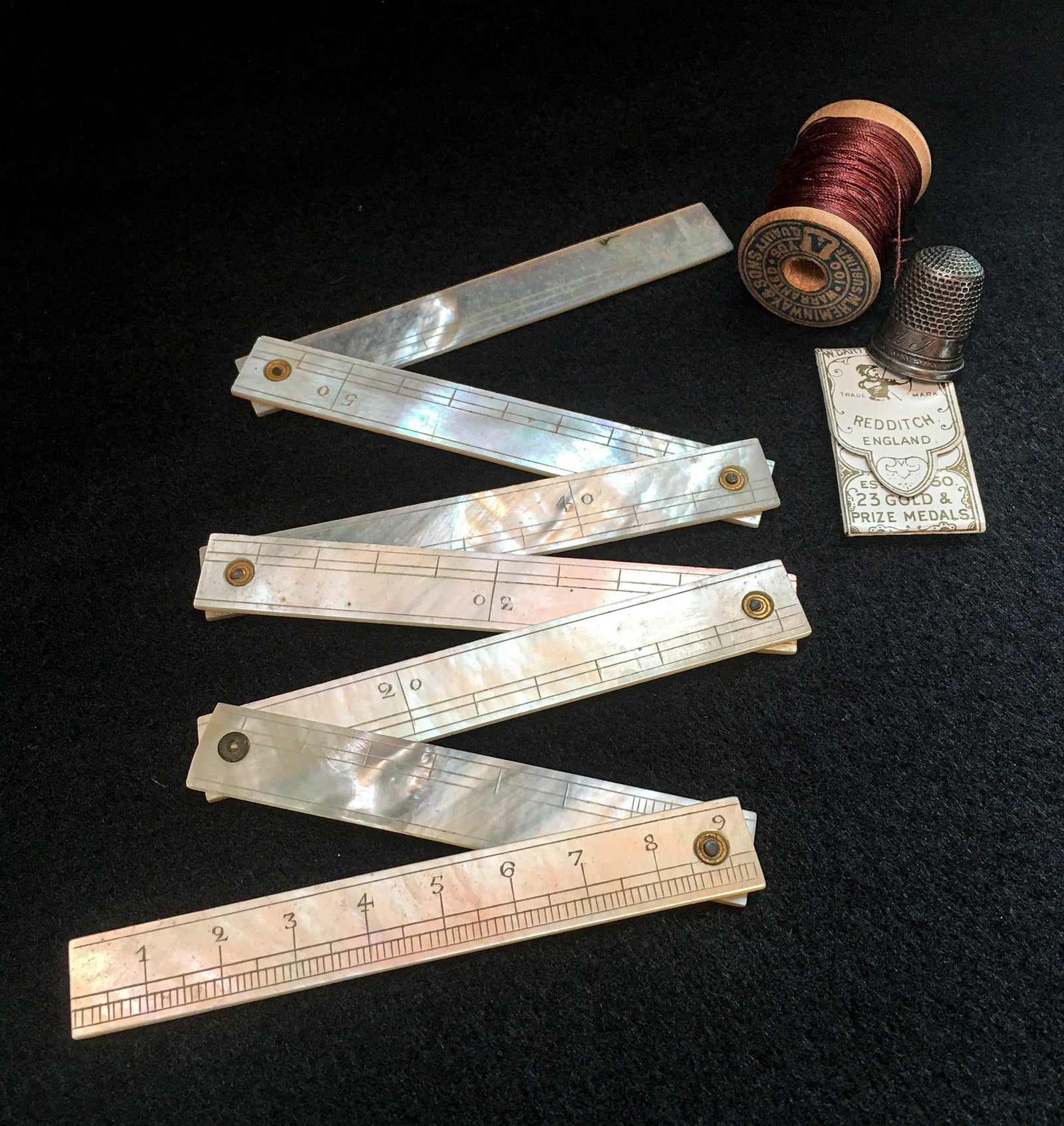 LeHay's Vintage Shop, 1800’s Mother-of-Pearl Folding Sewing Ruler 7 Sections