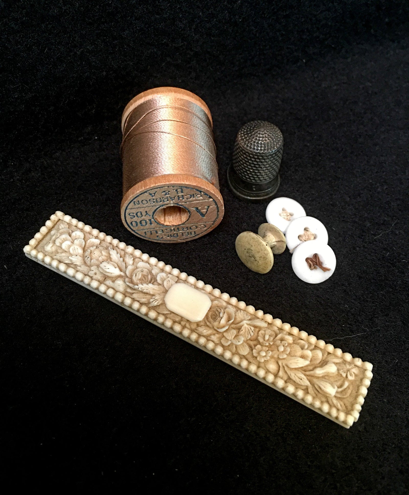 LeHay's Vintage Shop, 1800’s Carved Bone Needle Case with Contents