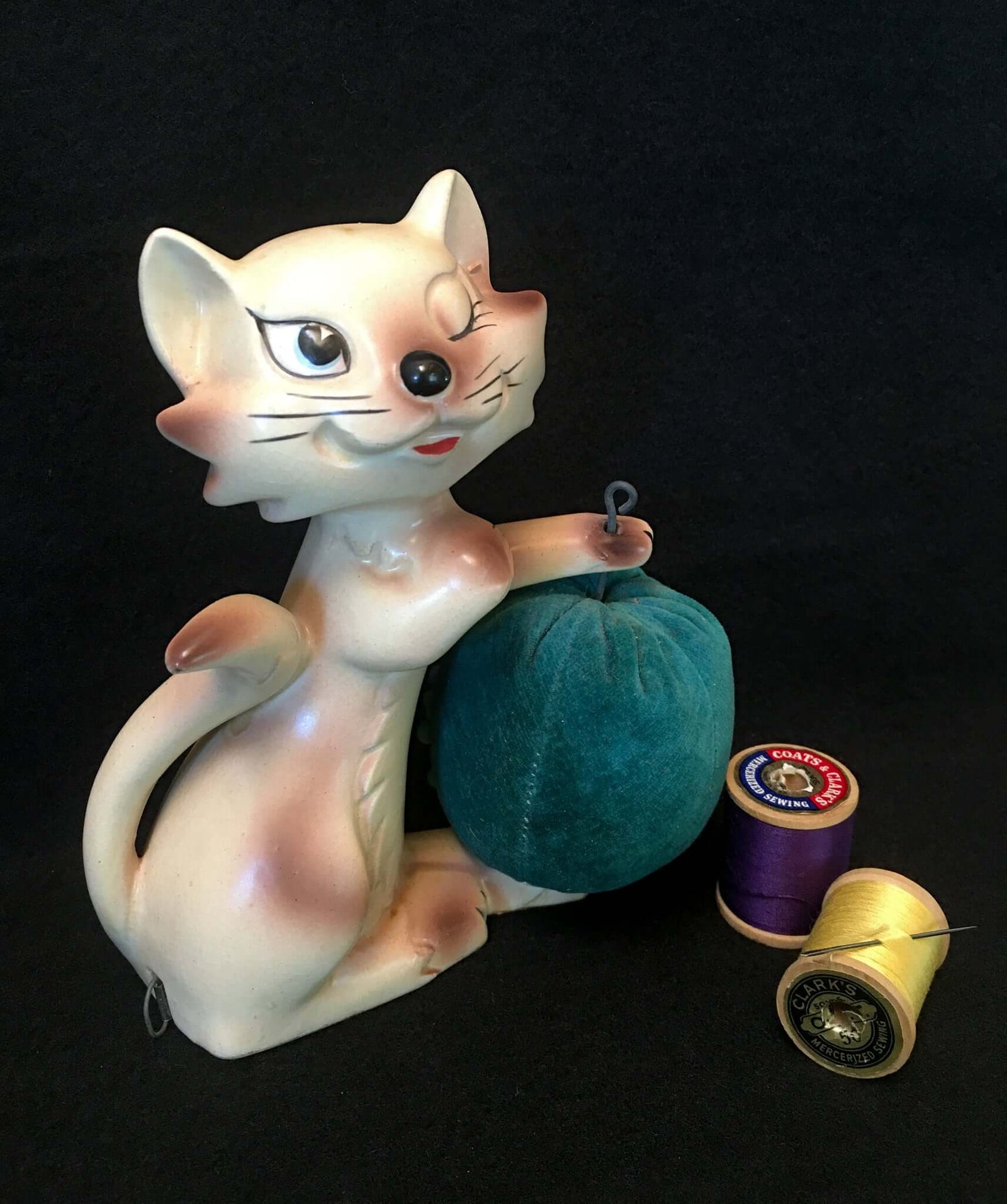 1950’s – 1960’s Siamese Cat Pin Cushion, Tape Measure, Made in Japan