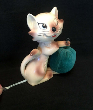 1950’s – 1960’s Siamese Cat Pin Cushion, Tape Measure, Made in Japan