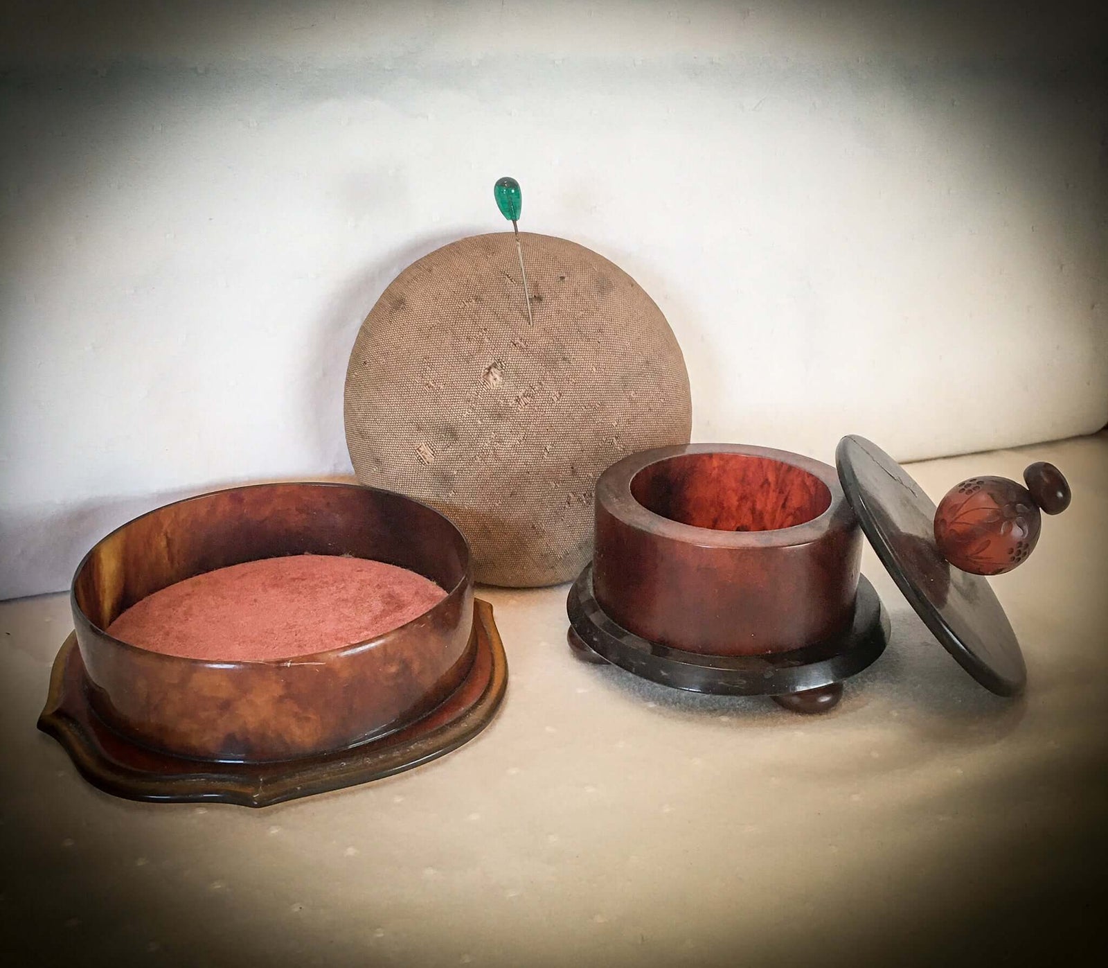 Set of 2 Vanity or Trinket Boxes, Bakelite and Lucite