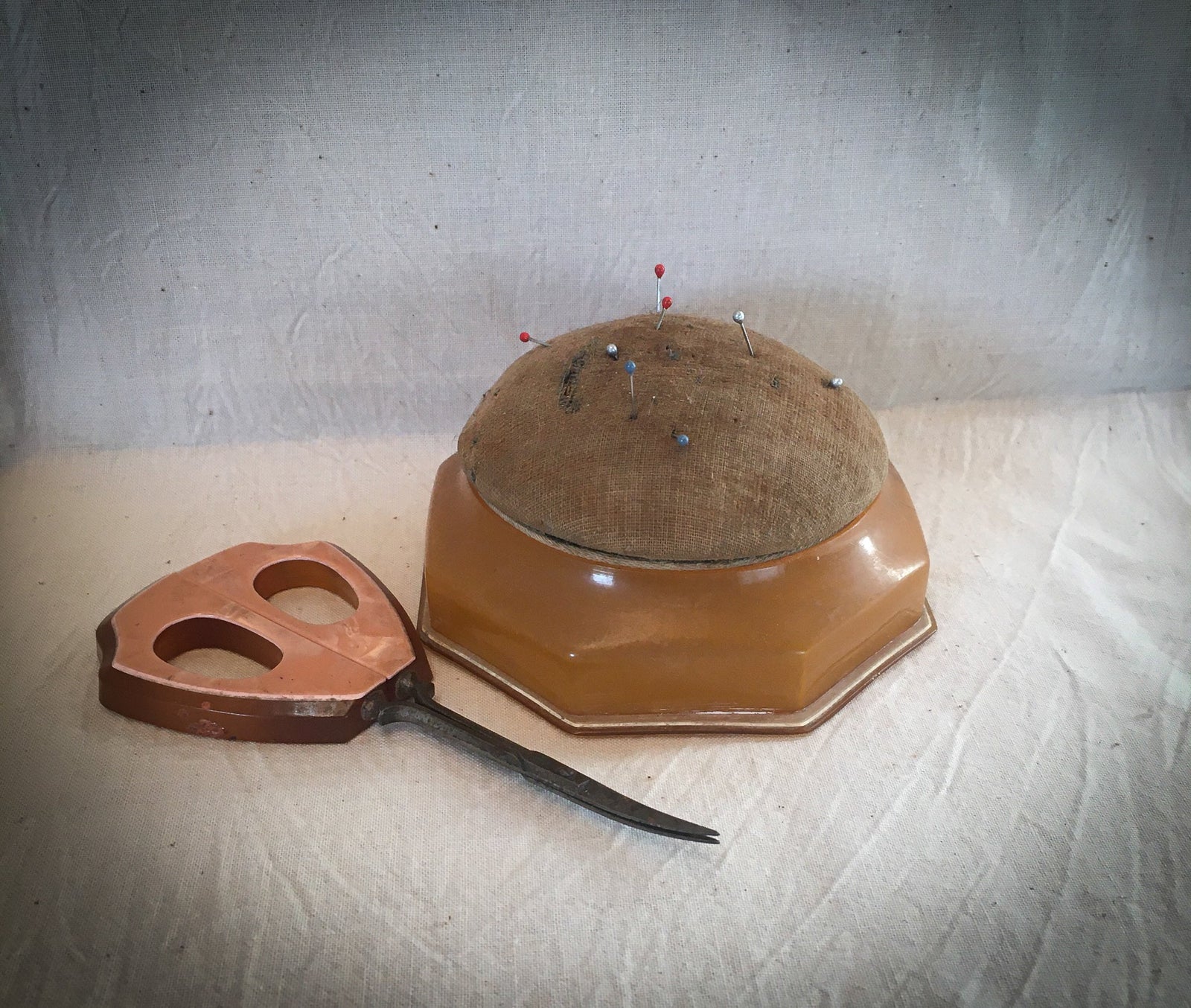 1920’s – 1930’s Bakelite Trinket Box with Pin Cushion and Scissors with Bakelite Handles