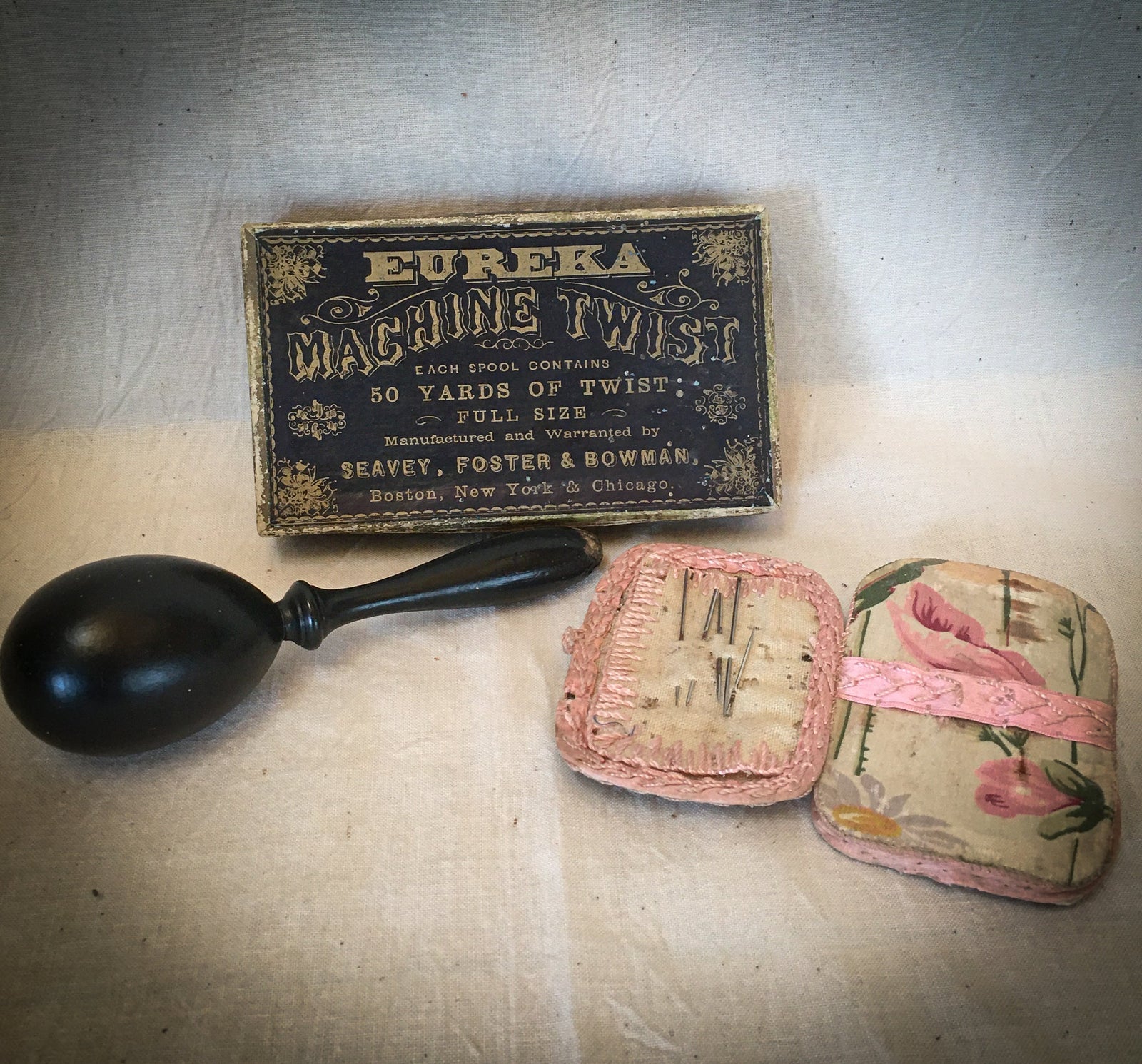 Turn of the Century Sewing Trio!  Eureka Machine Twist Thread Box, Hand Made Needle Keep, Wooden Darner