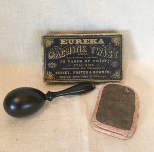 Turn of the Century Sewing Trio!  Eureka Machine Twist Thread Box, Hand Made Needle Keep, Wooden Darner
