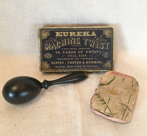 Turn of the Century Sewing Trio!  Eureka Machine Twist Thread Box, Hand Made Needle Keep, Wooden Darner