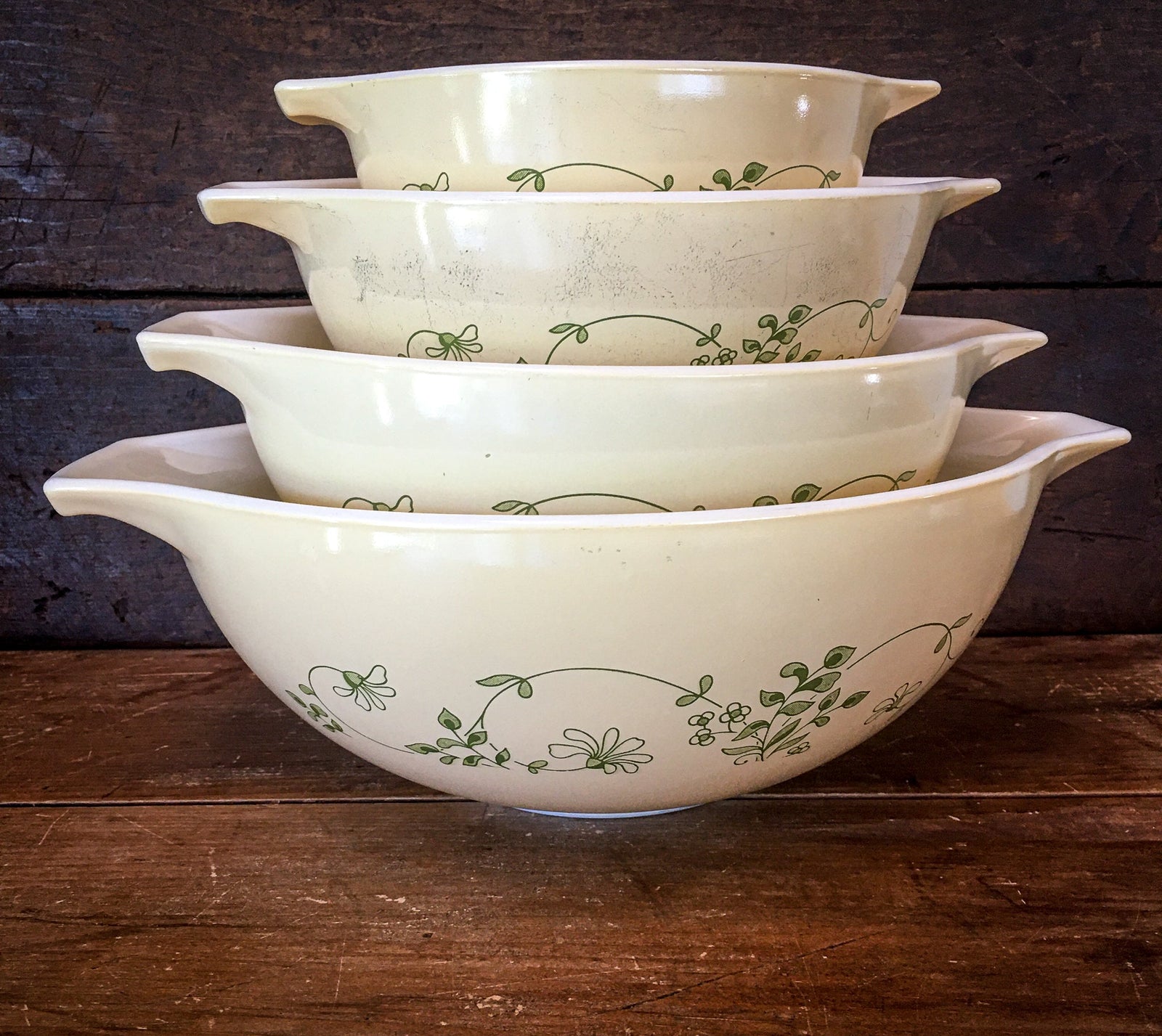 1981-1986 Pyrex “Shenandoah” 4 Piece Cinderella Style Mixing Bowls (441-444)