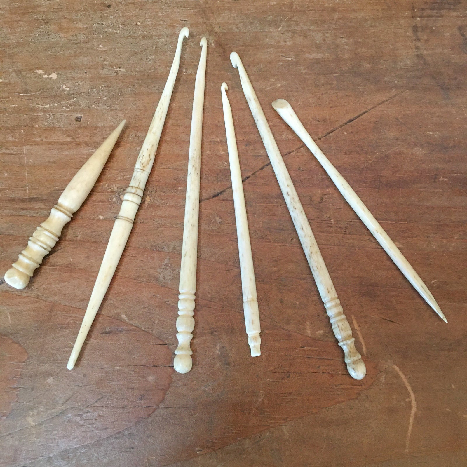1800’s Carved Bone Crochet, Knitting and Sewing Tools, 6 Pcs.