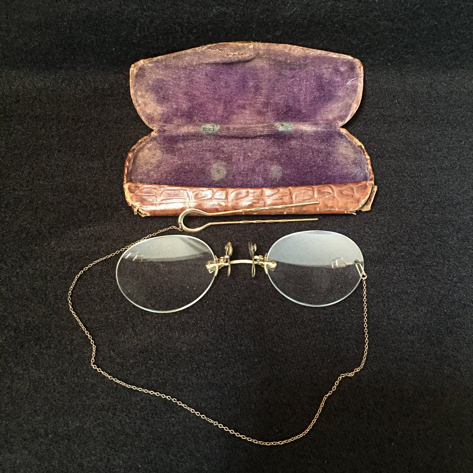 Victorian Gold Filled Pince Nez Eyeglasses with Gold Hair Pin and Original Leather/Velvet Case