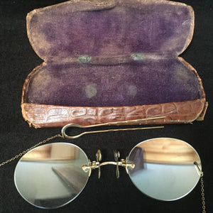 Victorian Gold Filled Pince Nez Eyeglasses with Gold Hair Pin and Original Leather/Velvet Case
