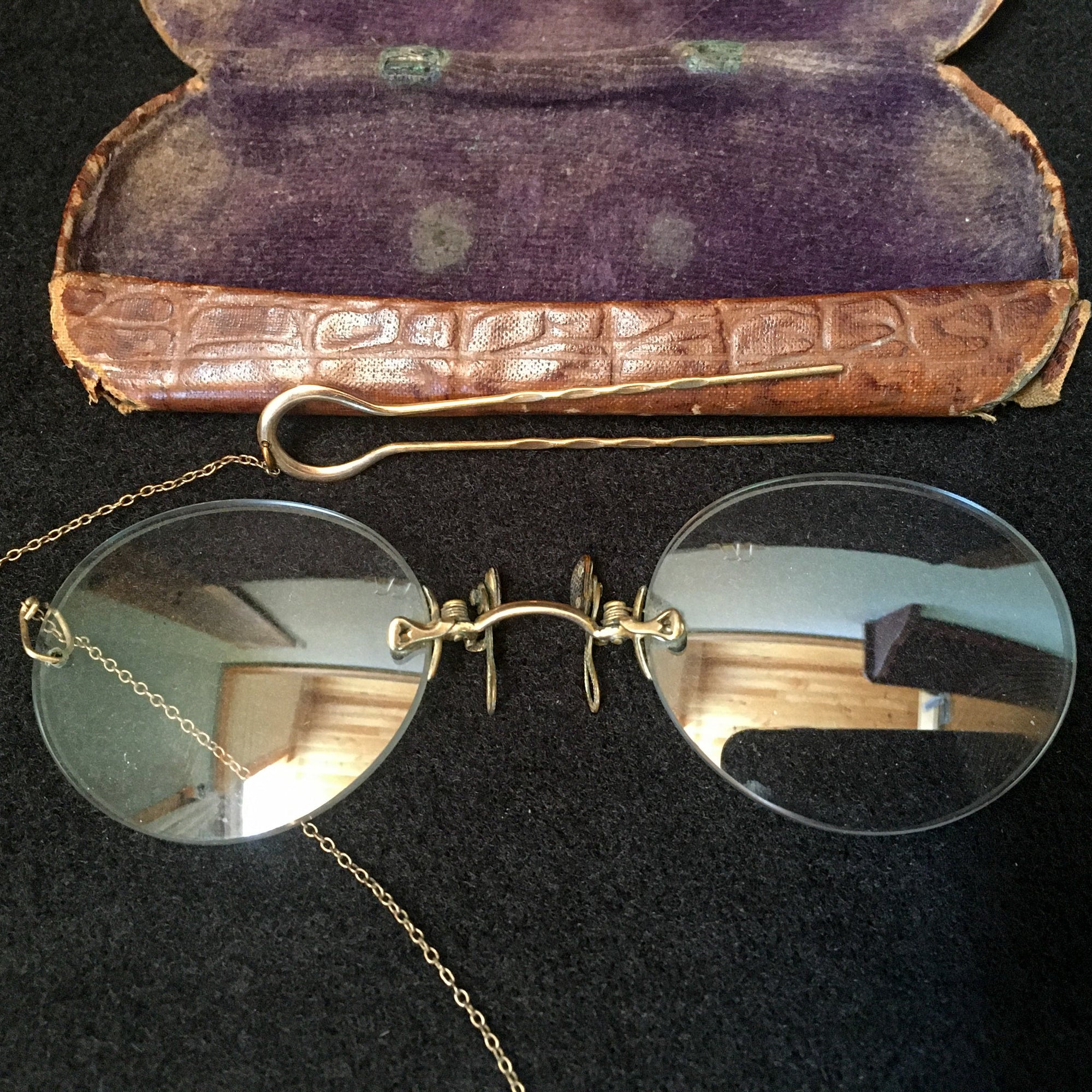 Victorian Gold Filled Pince Nez Eyeglasses with Gold Hair Pin and Original Leather/Velvet Case