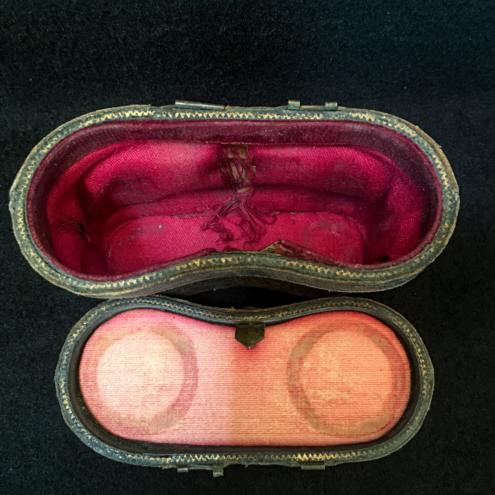 Early 1900’s Mother of Pearl and Brass Opera Glasses with Original Leather, Satin and Velvet Case