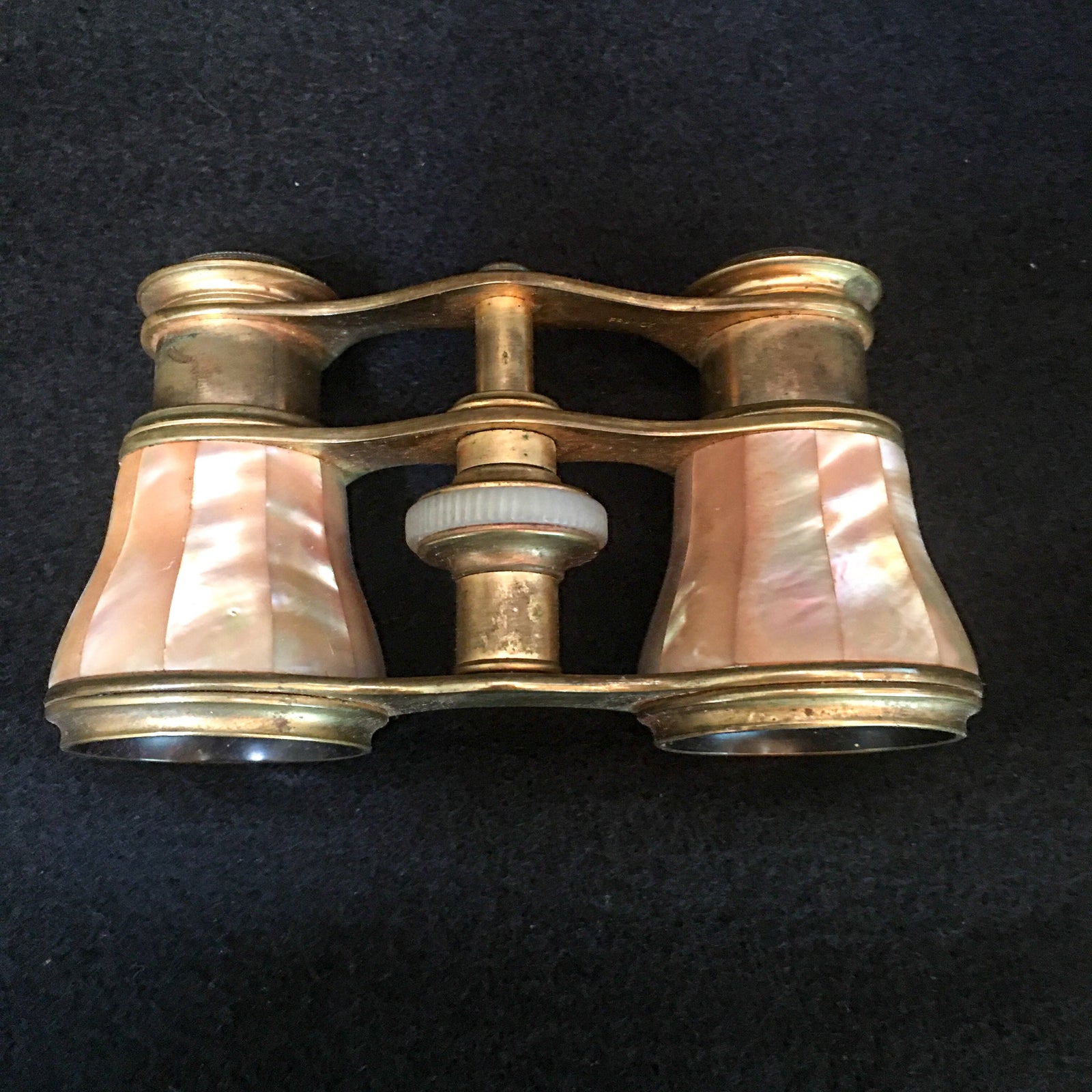 Early 1900’s Mother of Pearl and Brass Opera Glasses with Original Leather, Satin and Velvet Case