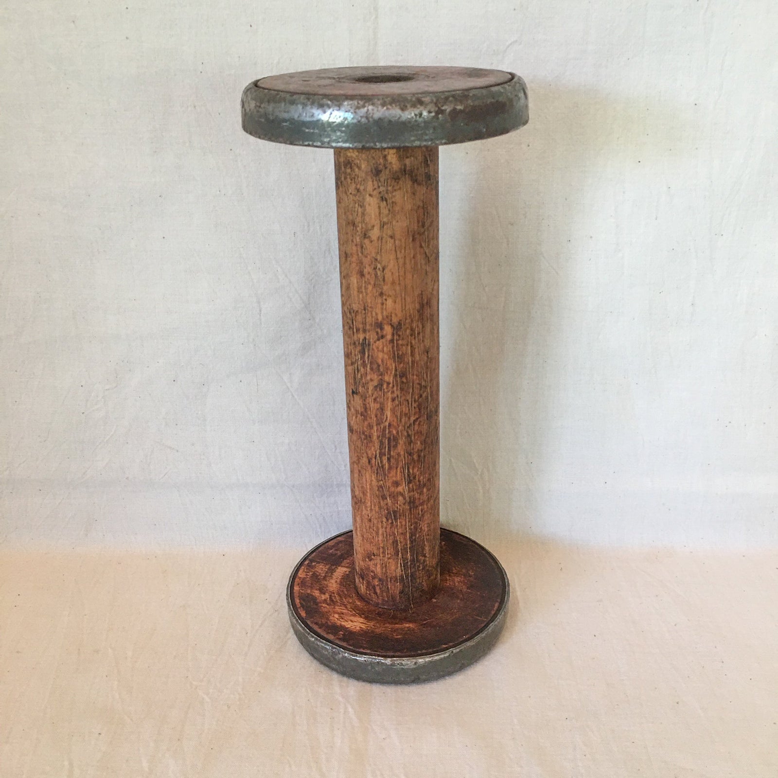 Large Wooden Spool, Metal on Ends, Red Paint 9.5 Inches