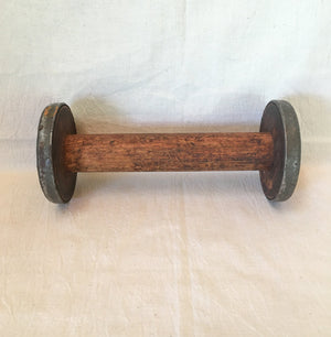 Large Wooden Spool, Metal on Ends, Red Paint 9.5 Inches