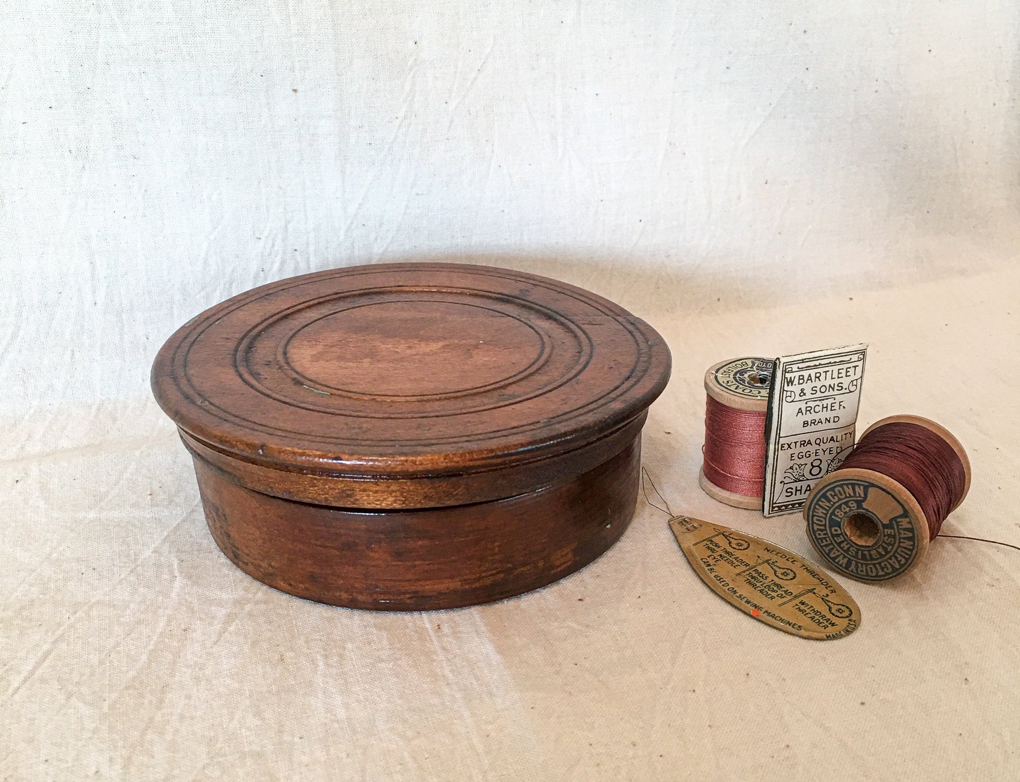 Antique Turned Wood Round Button Box