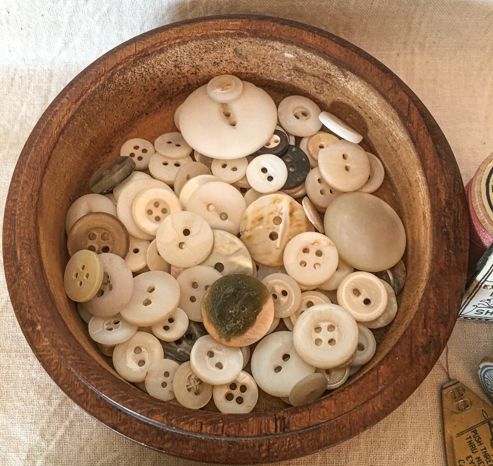 Antique Turned Wood Round Button Box