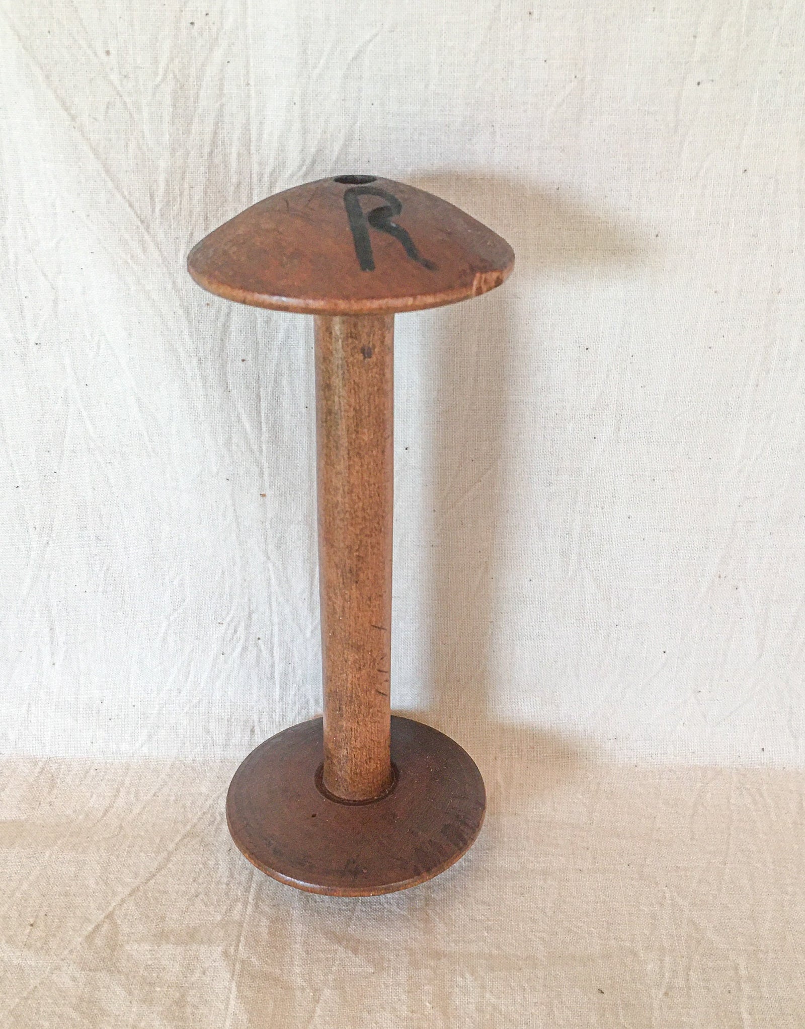 Wooden Spool, 5.5 inches Long, Carved Letter “R”