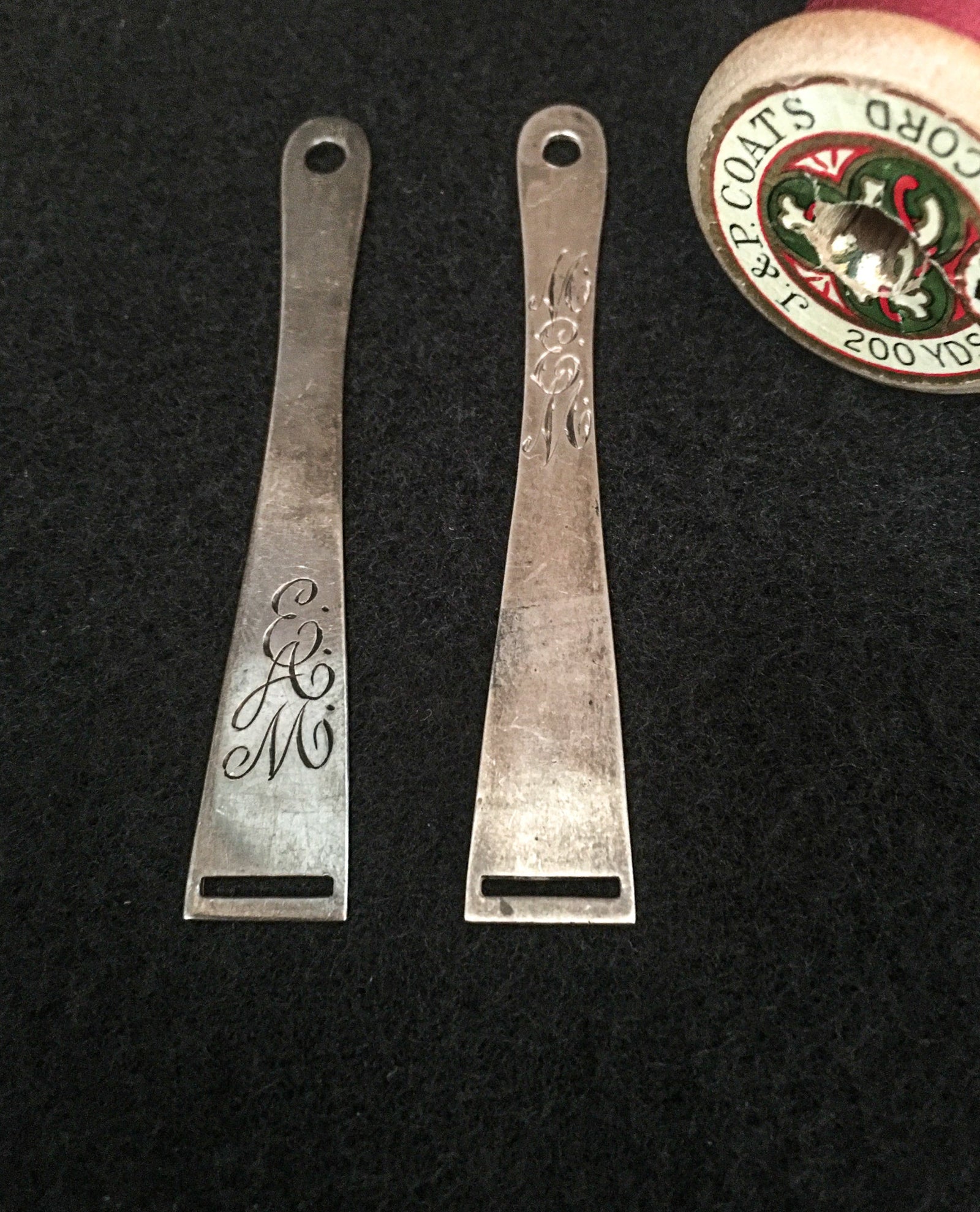 Set of 2 Simons Brothers Sterling Silver Bodkins, Engraved “EAM” and “MEM”