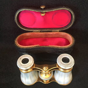 1900’s Lemaire Paris Mother of Pearl Opera Glasses with Original Leather and Silk Case
