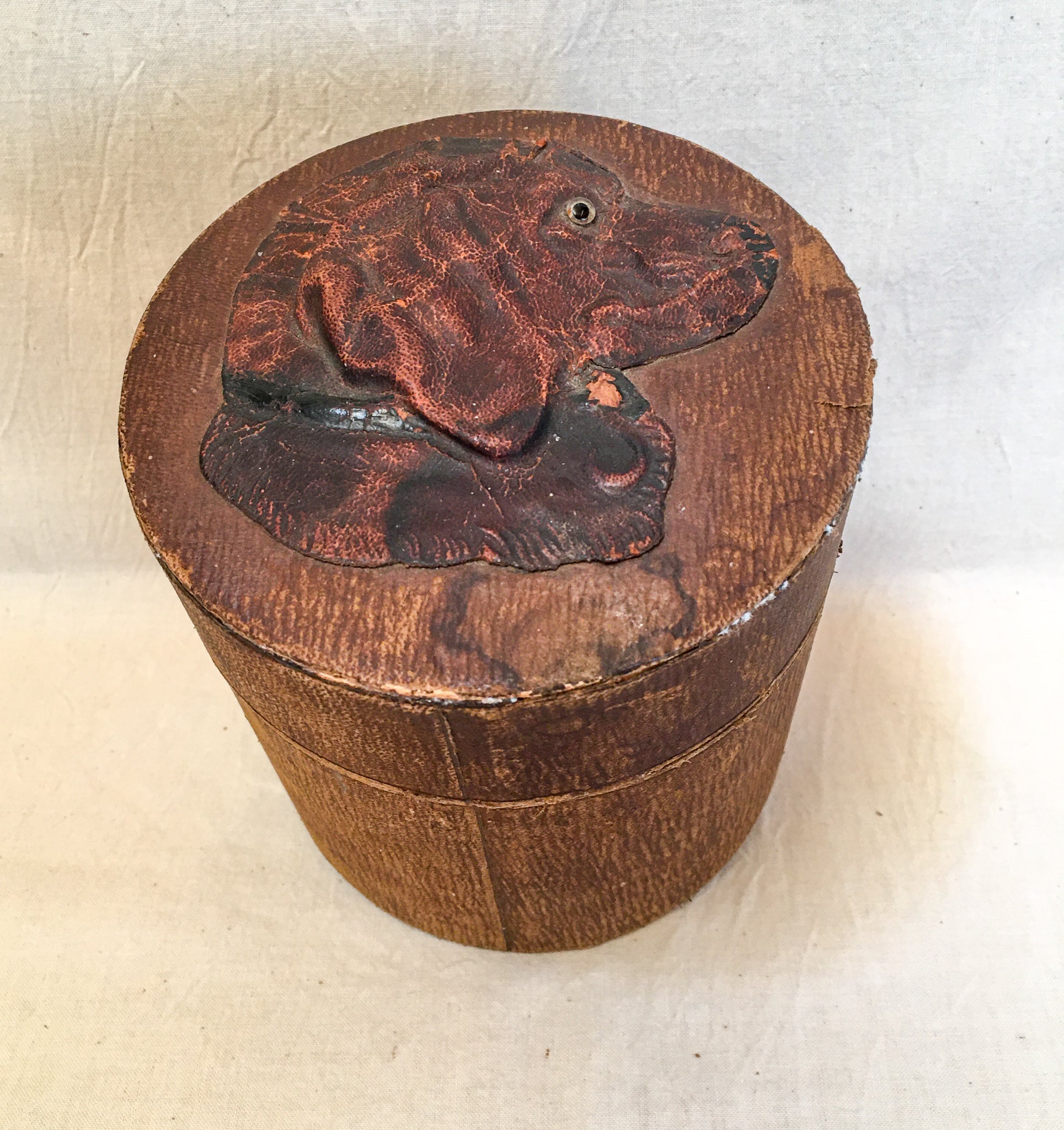 Late 1800’s – Early 1900’s Leather Collar Box with Dog Decoration