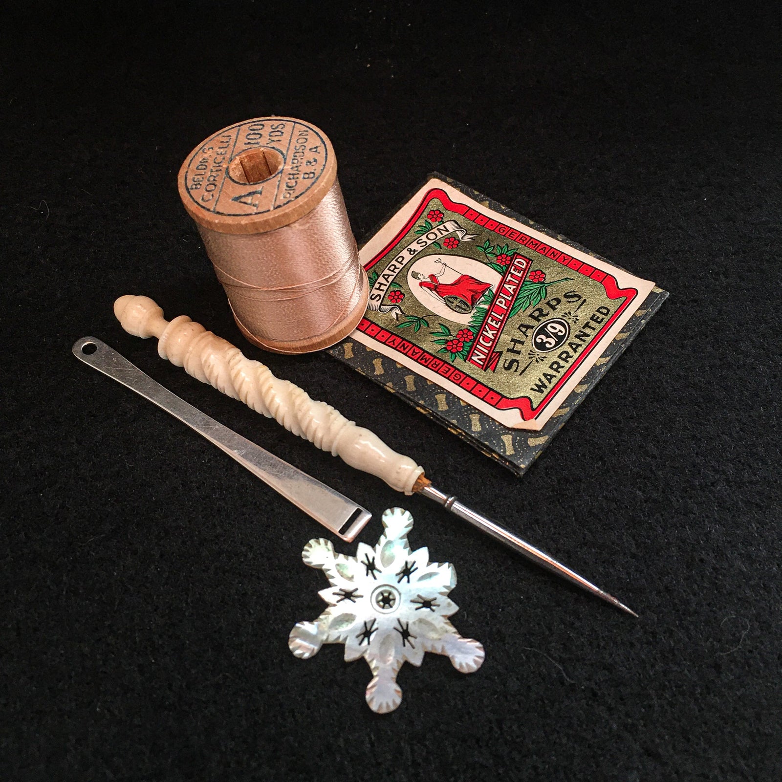 A Victorian Sewing Trio!  Sterling Silver Bodkin, Carved Bone Stiletto, Mother of Pearl Thread Winder