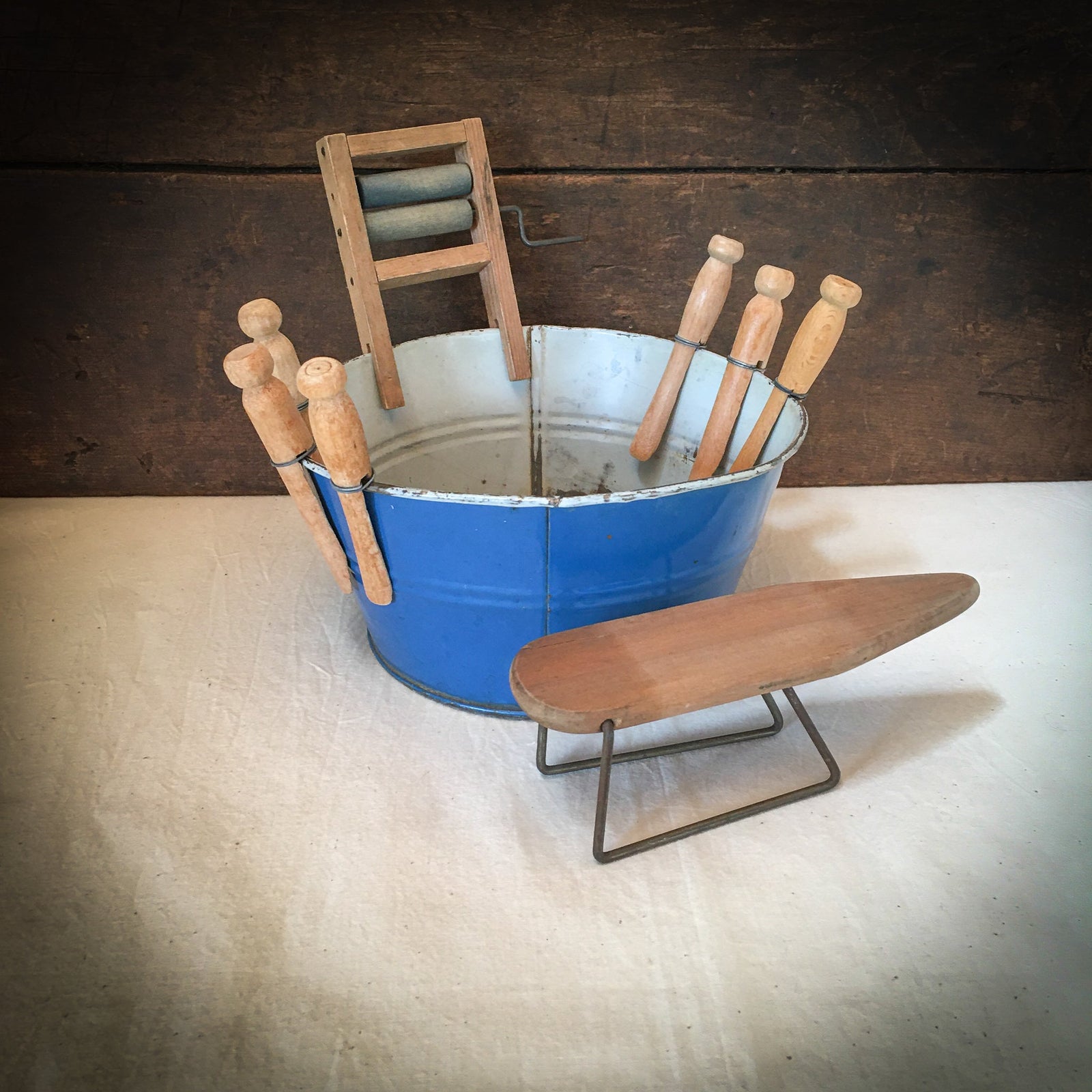 1930’s – 1940’s Toy Wash Tub with Wringer, Clothes Pins, and Toy Ironing Board