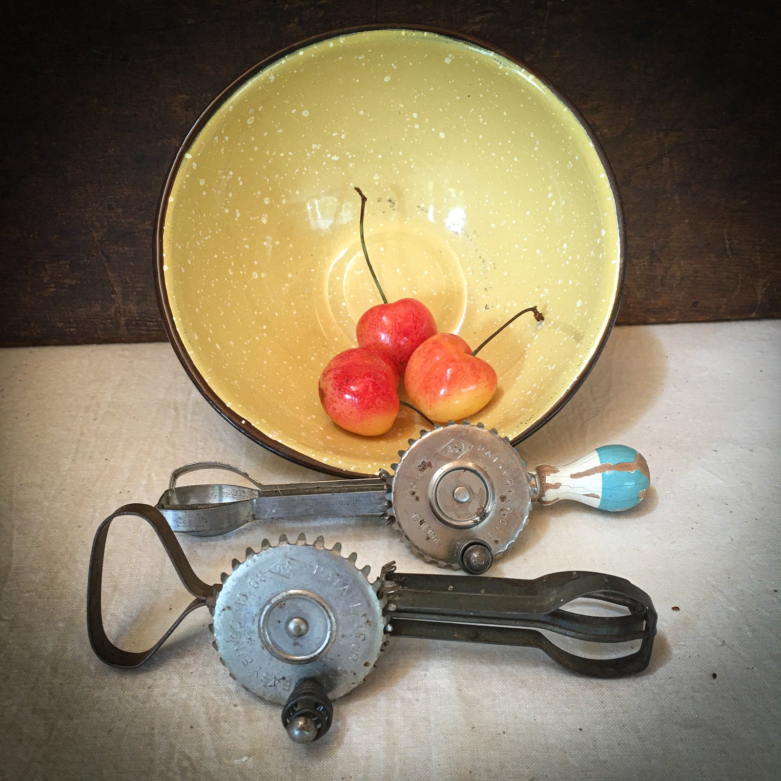 Vintage Toy Egg Beaters with Enamelware Bowl