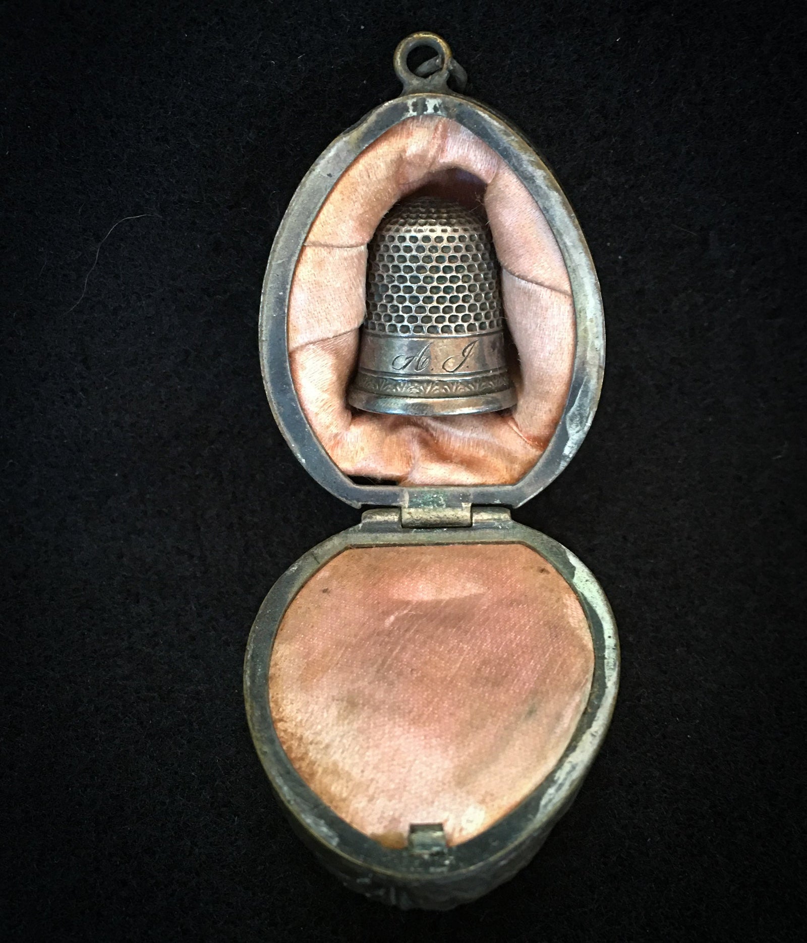 Victorian Era Brass Walnut Thimble Holder with Sterling Silver Thimble