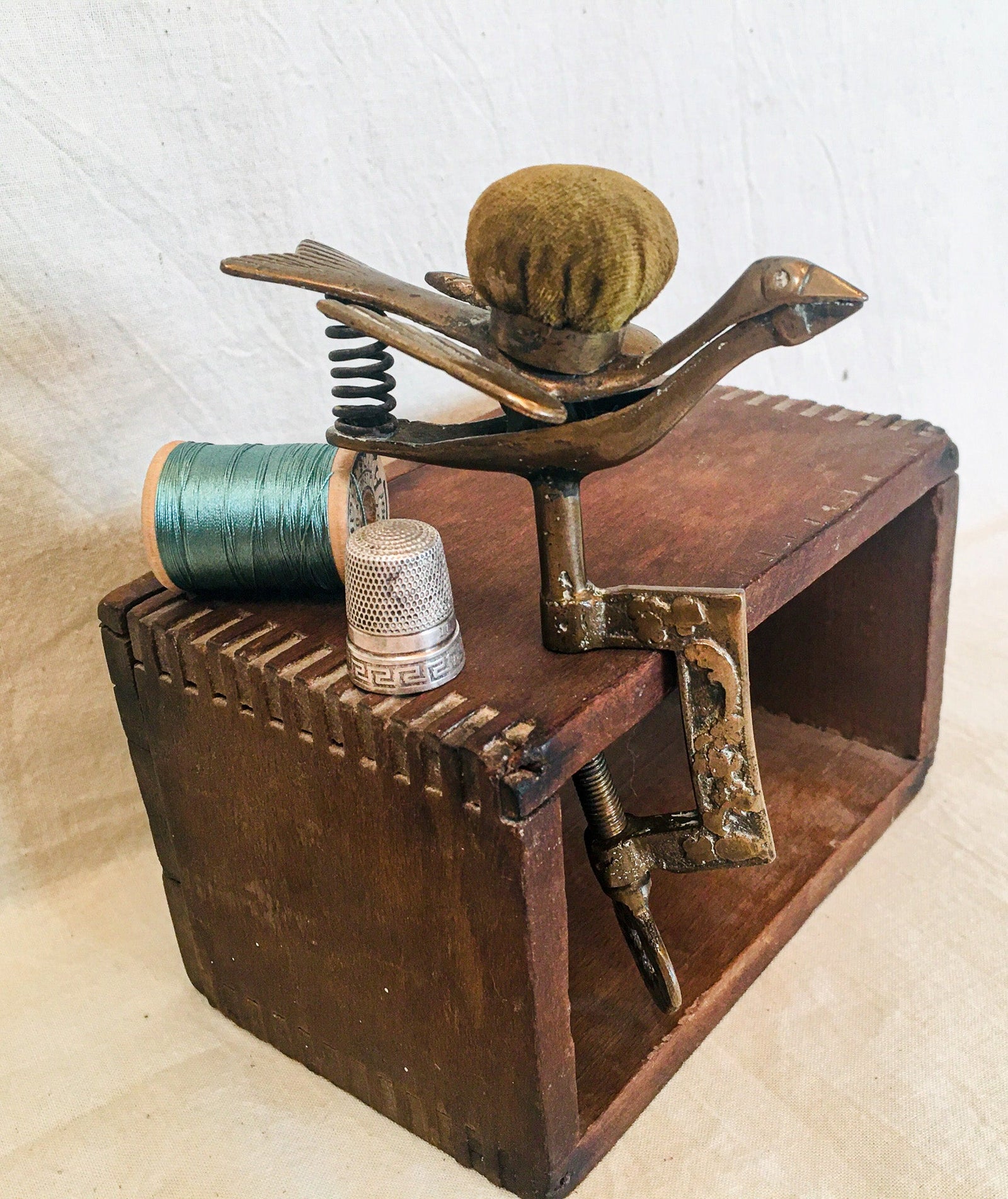 1850’s Victorian Solid Brass Sewing Bird with Original Velvet Pincushion