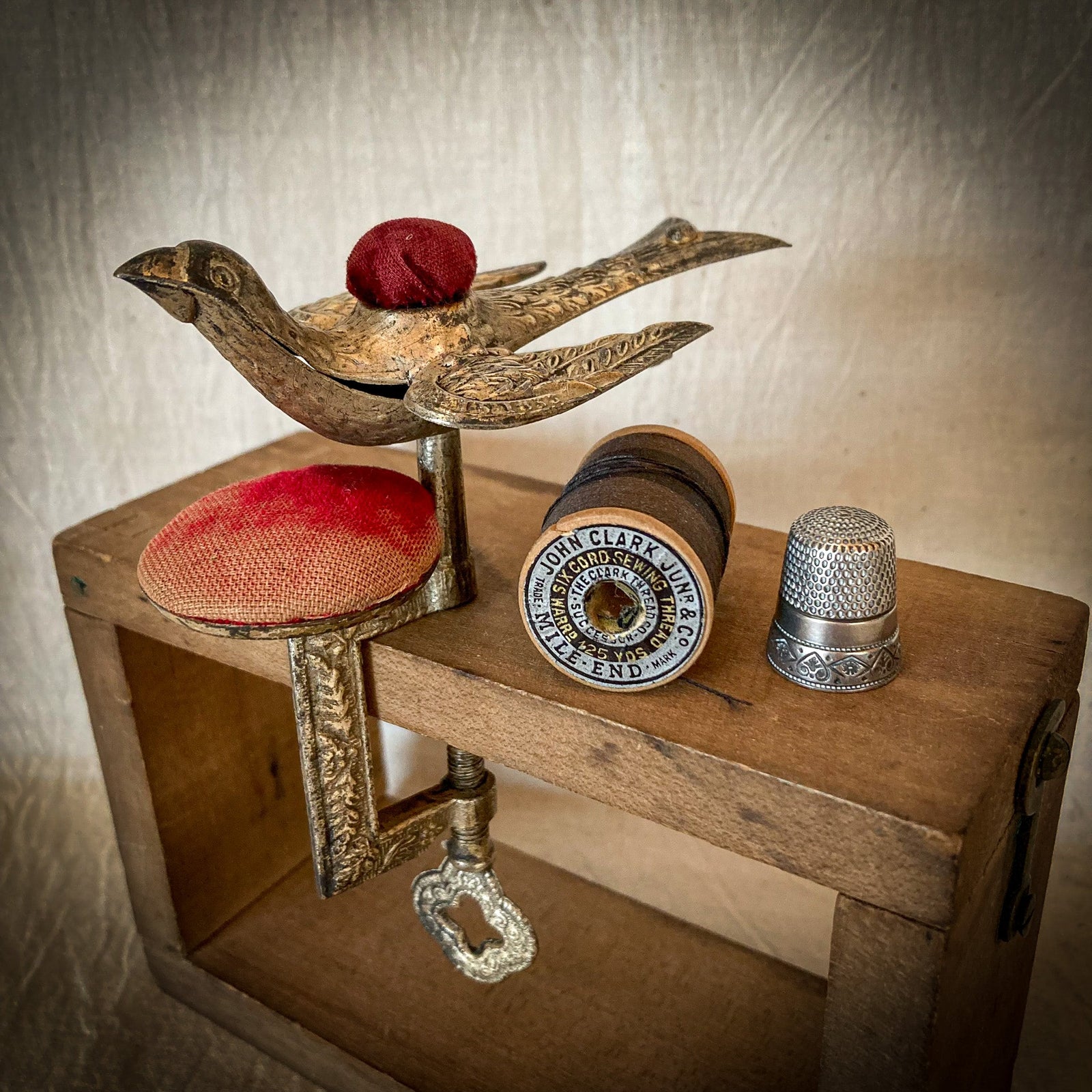 Victorian Sewing Bird, Patented Feb 15, 1853, Note:  Very Old Replacement Cushion on Back