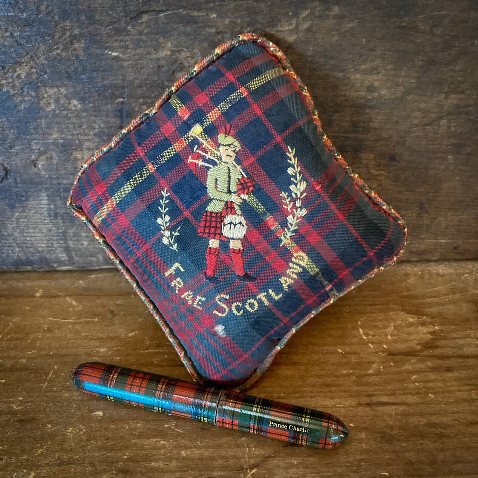 1910’s Tartan Ware “Prince Charlie” Needle Case and “Frae Scotland” Pin Cushion